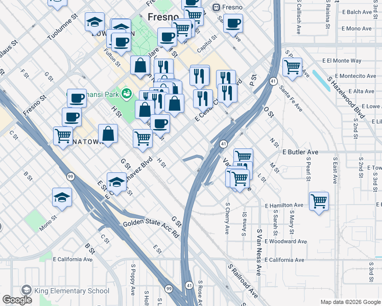 map of restaurants, bars, coffee shops, grocery stores, and more near 531 Fulton Street in Fresno