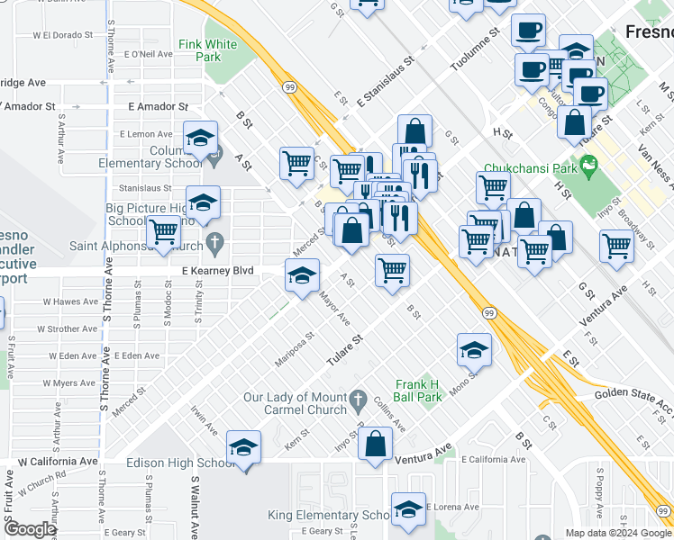 map of restaurants, bars, coffee shops, grocery stores, and more near 980 Fresno Street in Fresno