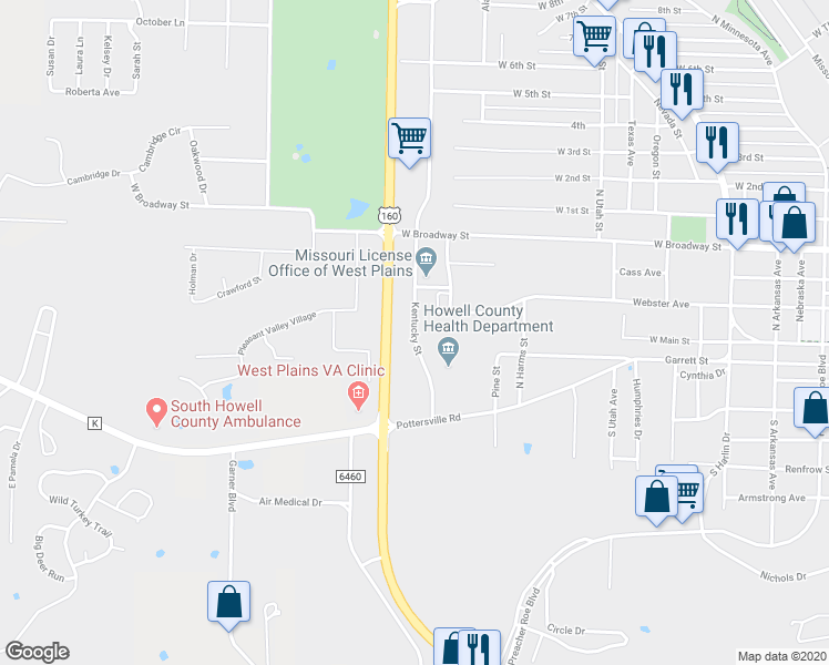 map of restaurants, bars, coffee shops, grocery stores, and more near 101 Kentucky Avenue in West Plains