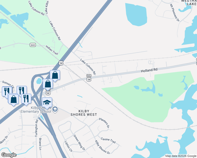 map of restaurants, bars, coffee shops, grocery stores, and more near 1317 U.S. 58 Business in Suffolk