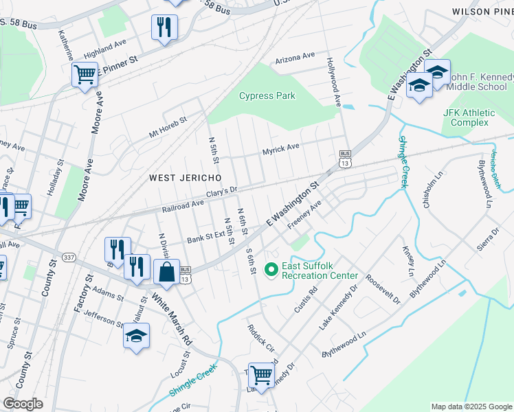 map of restaurants, bars, coffee shops, grocery stores, and more near 218 North 7th Street in Suffolk