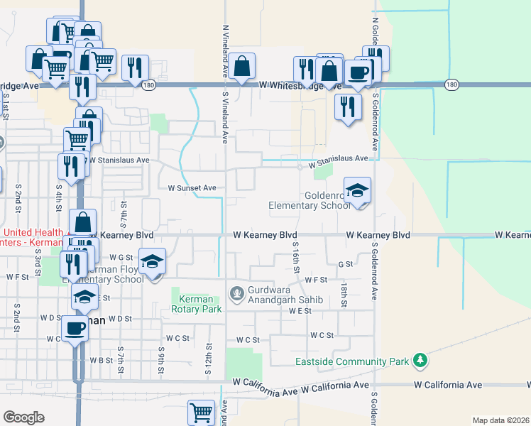 map of restaurants, bars, coffee shops, grocery stores, and more near 425 South Karen Avenue in Kerman