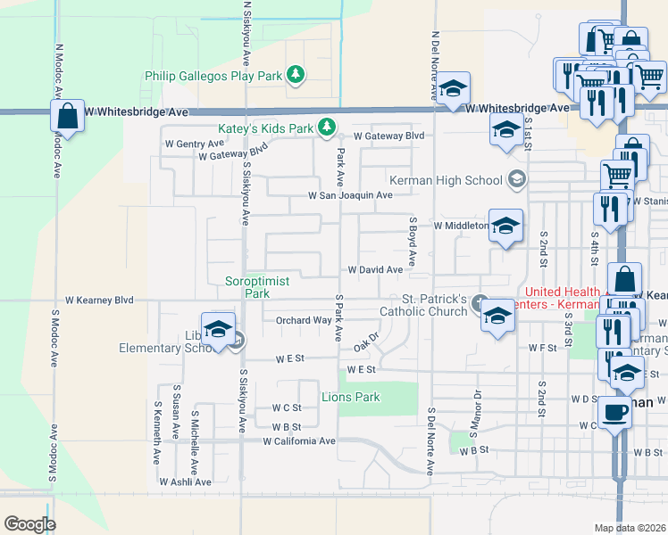 map of restaurants, bars, coffee shops, grocery stores, and more near 443 South Park Avenue in Kerman