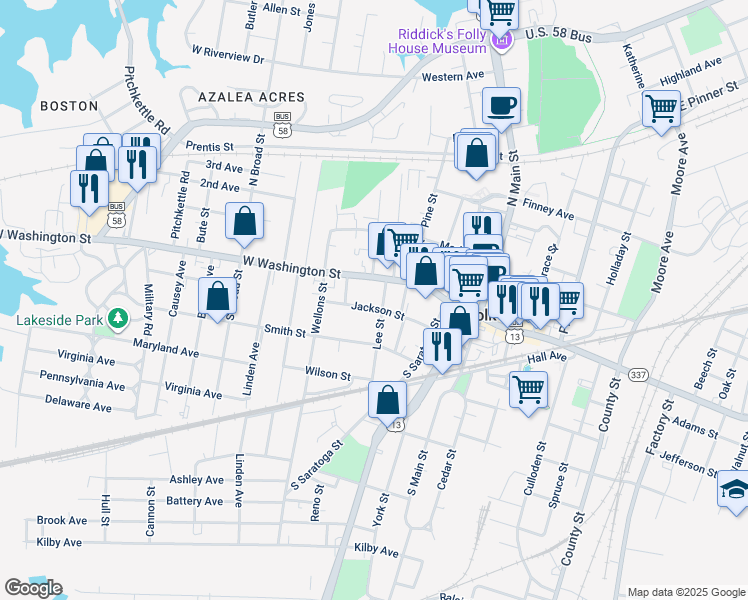 map of restaurants, bars, coffee shops, grocery stores, and more near 404 Jackson Street in Suffolk