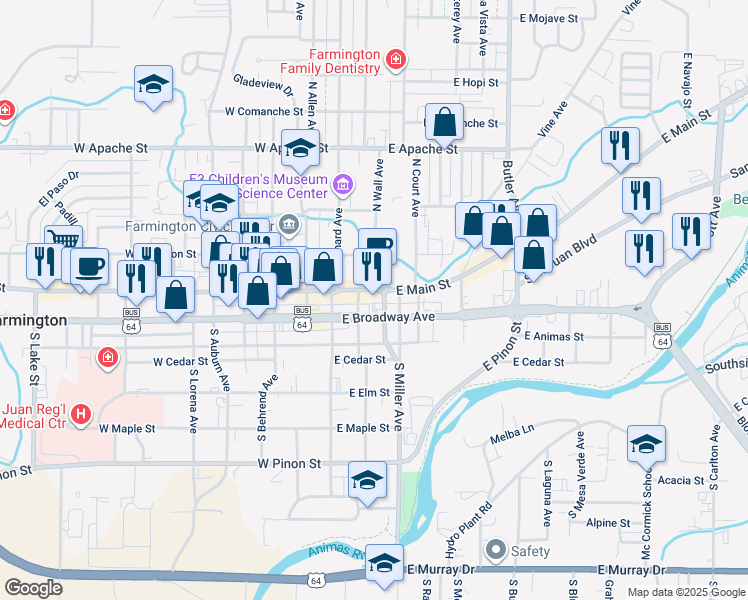 map of restaurants, bars, coffee shops, grocery stores, and more near 219 East Main Street in Farmington
