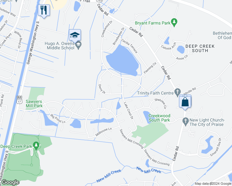 map of restaurants, bars, coffee shops, grocery stores, and more near 2767 Derry Drive in Chesapeake