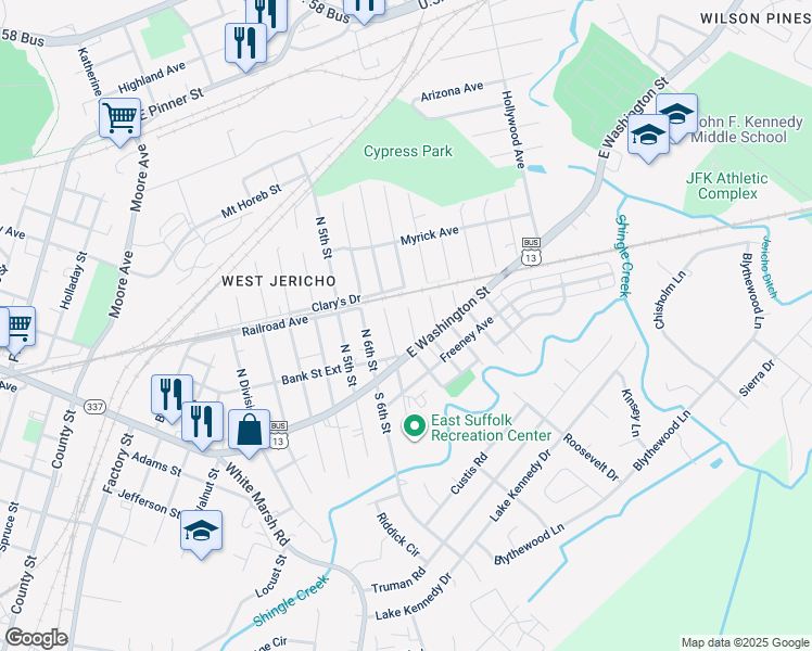 map of restaurants, bars, coffee shops, grocery stores, and more near 218 North 7th Street in Suffolk