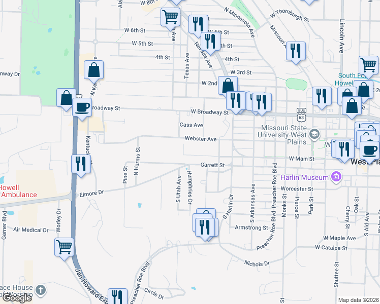 map of restaurants, bars, coffee shops, grocery stores, and more near 1455 West Main Street in West Plains