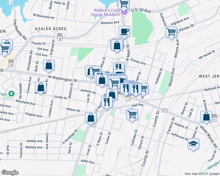 map of restaurants, bars, coffee shops, grocery stores, and more near 156 West Washington Street in Suffolk