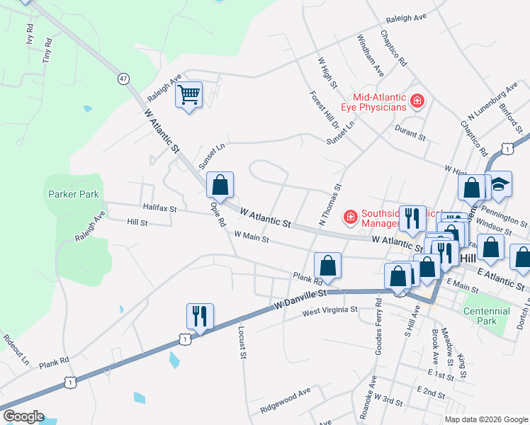 map of restaurants, bars, coffee shops, grocery stores, and more near 100-198 North West Street in South Hill