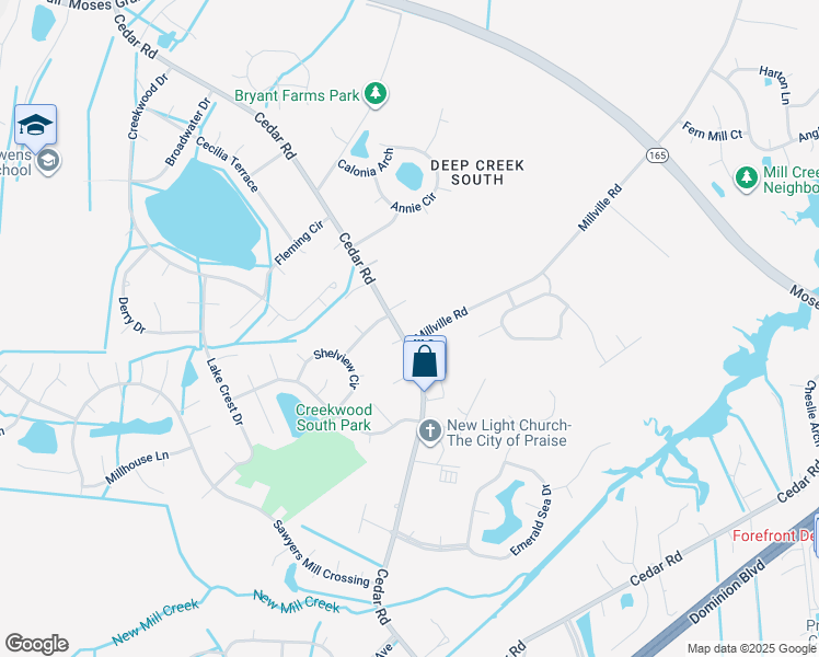 map of restaurants, bars, coffee shops, grocery stores, and more near 2504 Cedar Road in Chesapeake