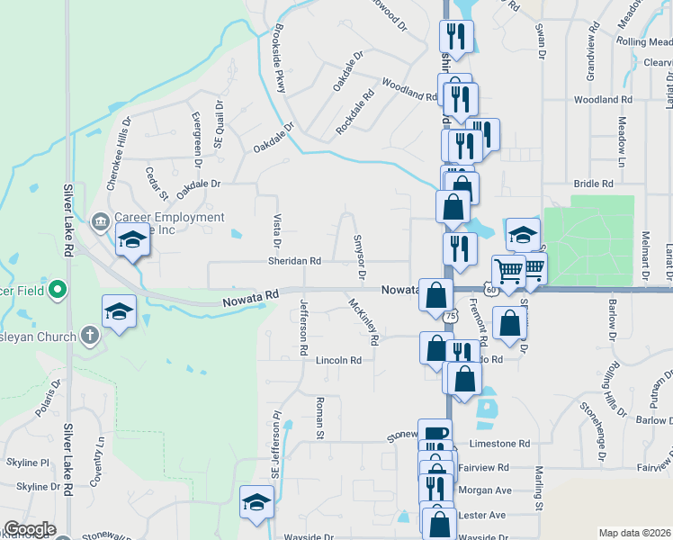 map of restaurants, bars, coffee shops, grocery stores, and more near 3301 Sheridan Road in Bartlesville