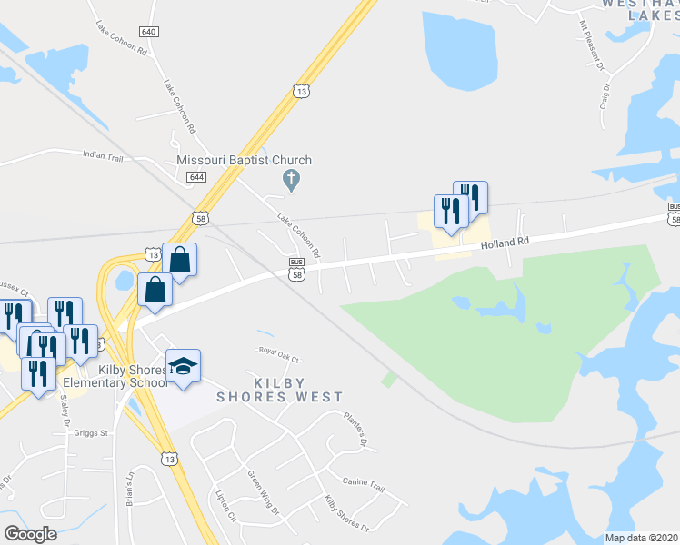 map of restaurants, bars, coffee shops, grocery stores, and more near 1317 Holland Road in Suffolk