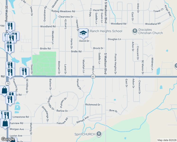 map of restaurants, bars, coffee shops, grocery stores, and more near 5115 Ranch Road in Bartlesville