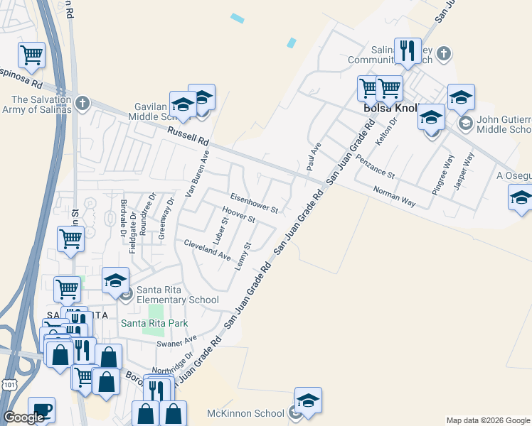 map of restaurants, bars, coffee shops, grocery stores, and more near 18821 Eisenhower Street in Salinas