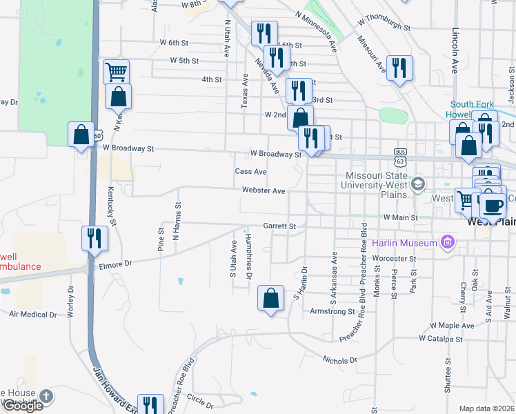 map of restaurants, bars, coffee shops, grocery stores, and more near 1455 West Main Street in West Plains