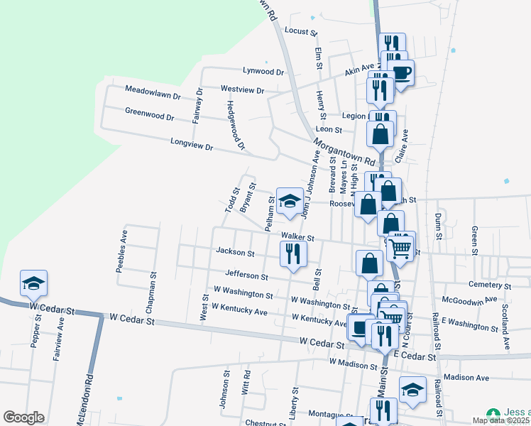 map of restaurants, bars, coffee shops, grocery stores, and more near 501-599 Bryant Street in Franklin