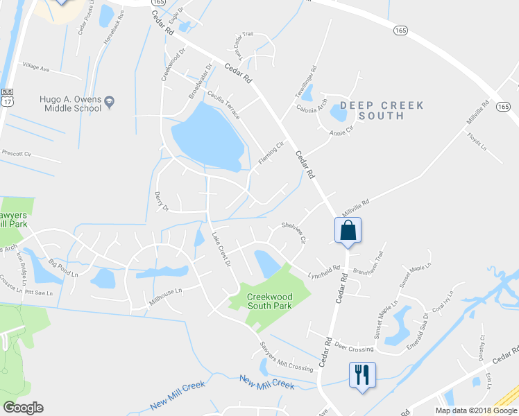 map of restaurants, bars, coffee shops, grocery stores, and more near 712 Creekwood Drive in Chesapeake