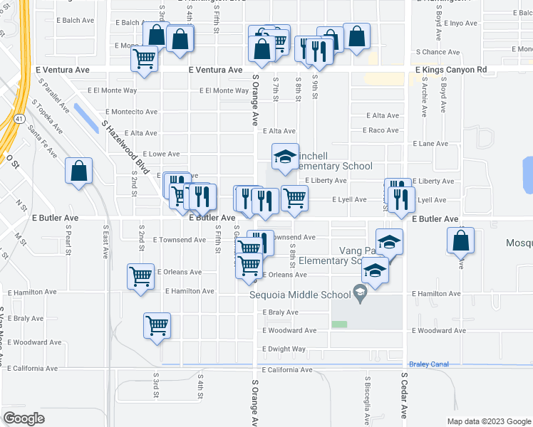 map of restaurants, bars, coffee shops, grocery stores, and more near 3625 East Butler Avenue in Fresno