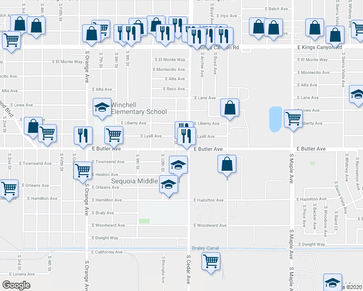 map of restaurants, bars, coffee shops, grocery stores, and more near 4127 East Butler Avenue in Fresno