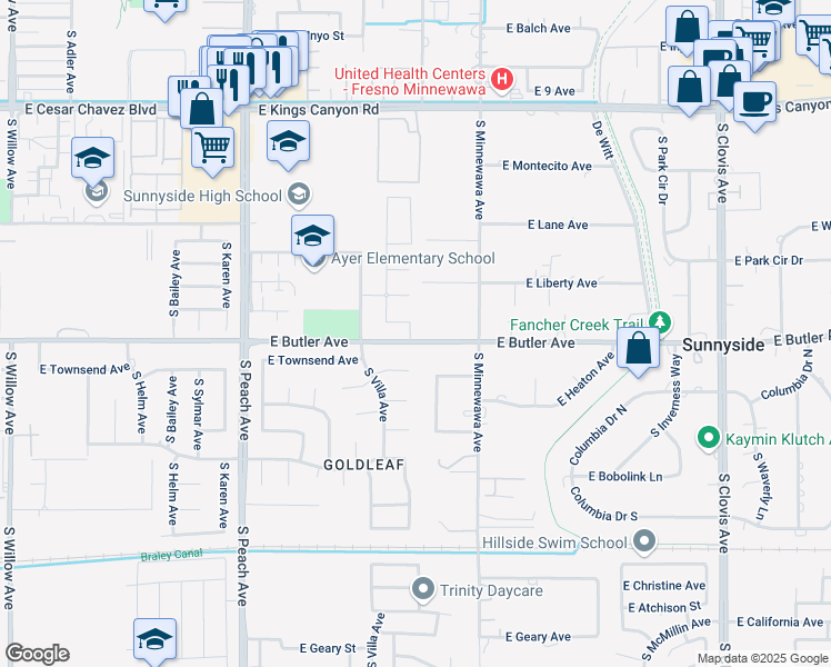 map of restaurants, bars, coffee shops, grocery stores, and more near 5339 East Butler Avenue in Fresno