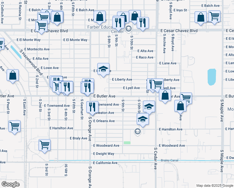 map of restaurants, bars, coffee shops, grocery stores, and more near 3845 East Butler Avenue in Fresno