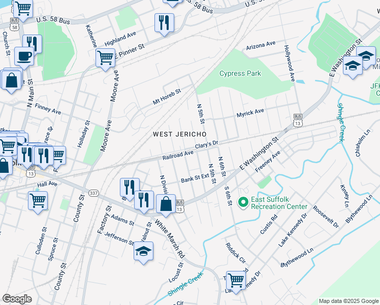 map of restaurants, bars, coffee shops, grocery stores, and more near 1107 Railroad Avenue in Suffolk