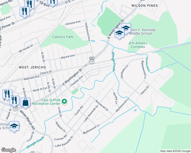 map of restaurants, bars, coffee shops, grocery stores, and more near 1033 Rosemont Avenue in Suffolk