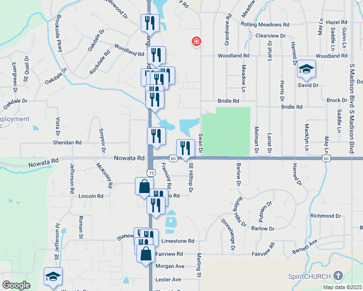map of restaurants, bars, coffee shops, grocery stores, and more near 4017 Sheridan Road in Bartlesville
