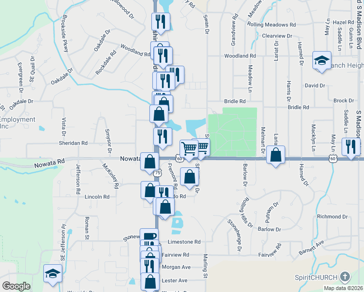 map of restaurants, bars, coffee shops, grocery stores, and more near 4017 Sheridan Road in Bartlesville