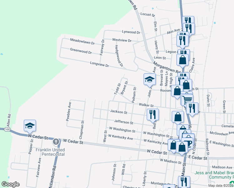map of restaurants, bars, coffee shops, grocery stores, and more near 524 Todd Street in Franklin