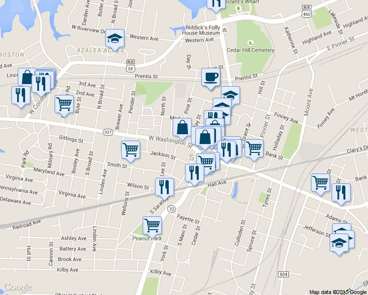 map of restaurants, bars, coffee shops, grocery stores, and more near 239 West Washington Street in Suffolk