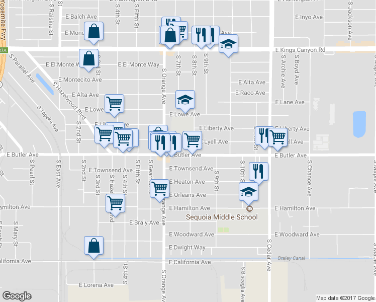 map of restaurants, bars, coffee shops, grocery stores, and more near 3743 East Butler Avenue in Fresno