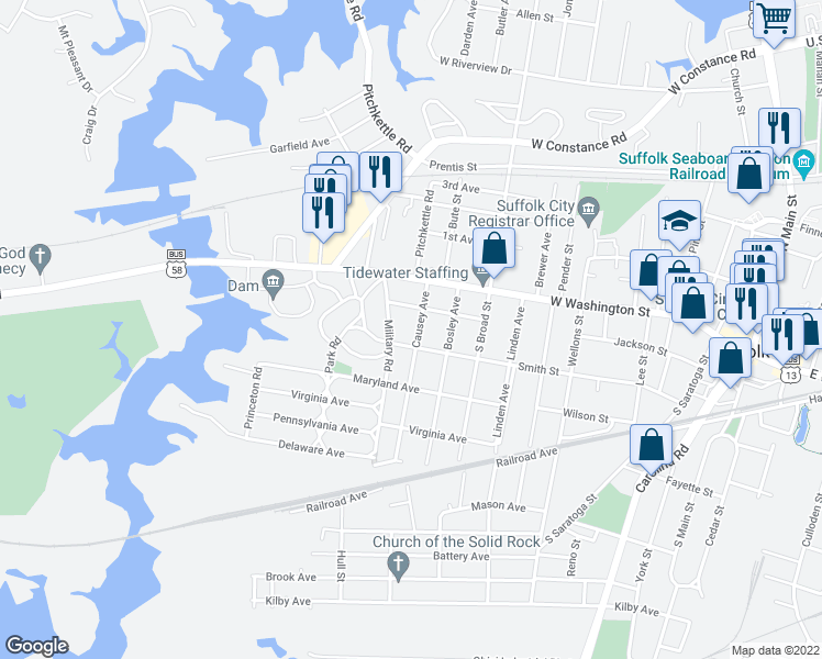 map of restaurants, bars, coffee shops, grocery stores, and more near 120 Causey Avenue in Suffolk