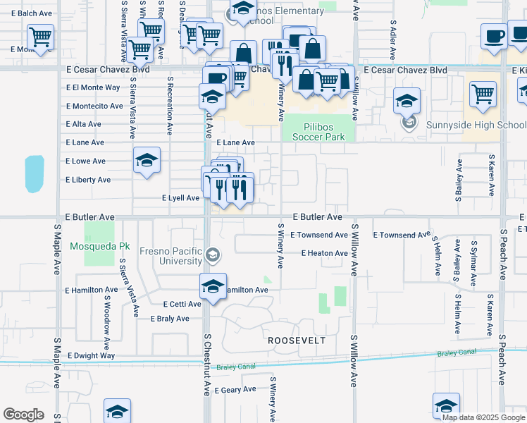 map of restaurants, bars, coffee shops, grocery stores, and more near 4879 East Butler Avenue in Fresno