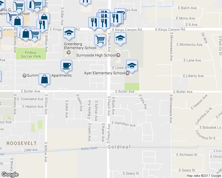 map of restaurants, bars, coffee shops, grocery stores, and more near 5213 E Butler Ave in Fresno