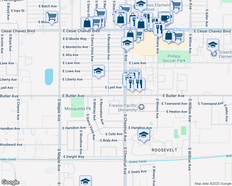 map of restaurants, bars, coffee shops, grocery stores, and more near 4773 East Butler Avenue in Fresno