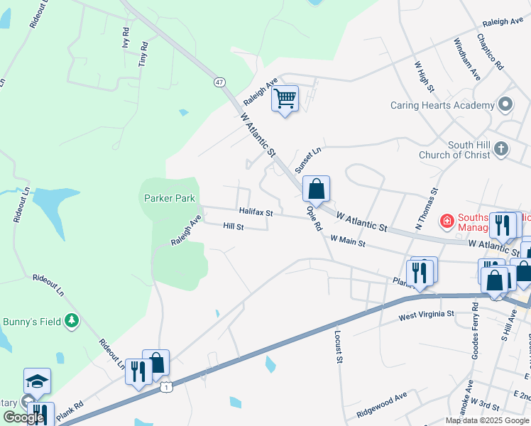 map of restaurants, bars, coffee shops, grocery stores, and more near 1100 Halifax Street in South Hill