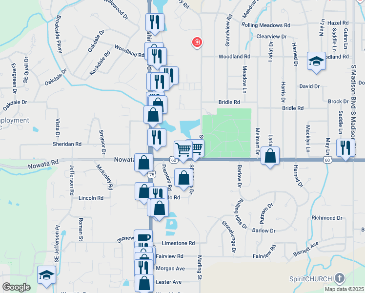 map of restaurants, bars, coffee shops, grocery stores, and more near 4017 Sheridan Road in Bartlesville