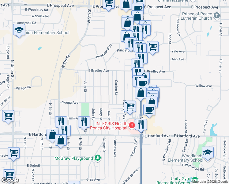map of restaurants, bars, coffee shops, grocery stores, and more near 2126 Garden Street in Ponca City
