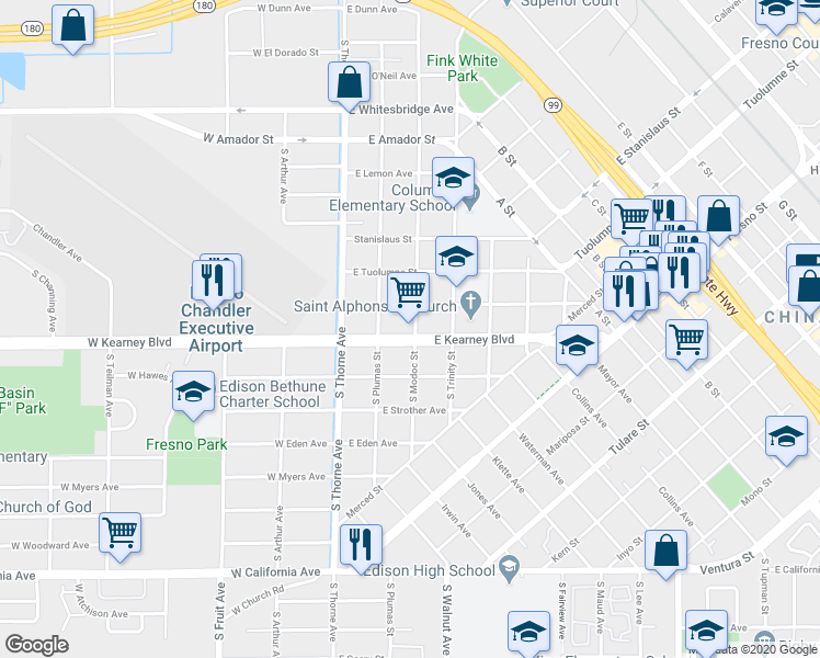 map of restaurants, bars, coffee shops, grocery stores, and more near 147 East Kearney Boulevard in Fresno