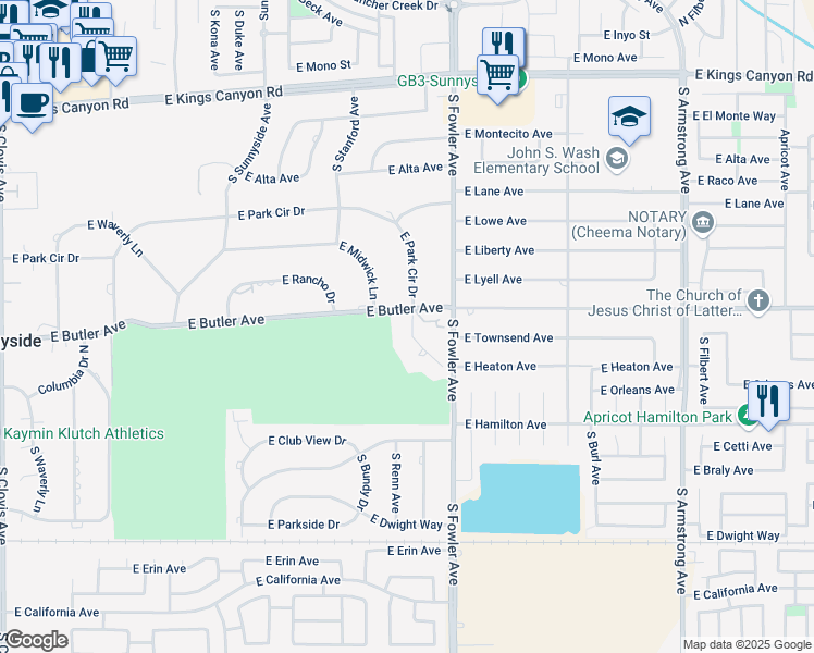 map of restaurants, bars, coffee shops, grocery stores, and more near 5960 East Butler in Fresno