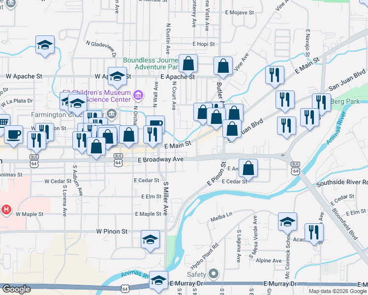 map of restaurants, bars, coffee shops, grocery stores, and more near 423 East Main Street in Farmington