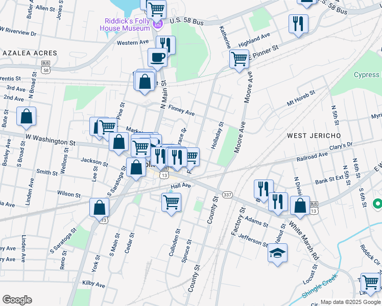 map of restaurants, bars, coffee shops, grocery stores, and more near 220 Bank Street in Suffolk