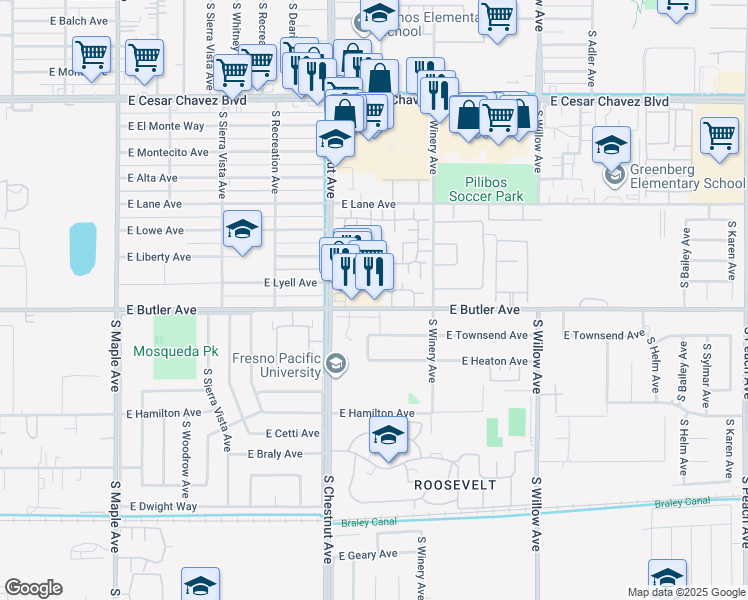 map of restaurants, bars, coffee shops, grocery stores, and more near 4861 East Butler Avenue in Fresno
