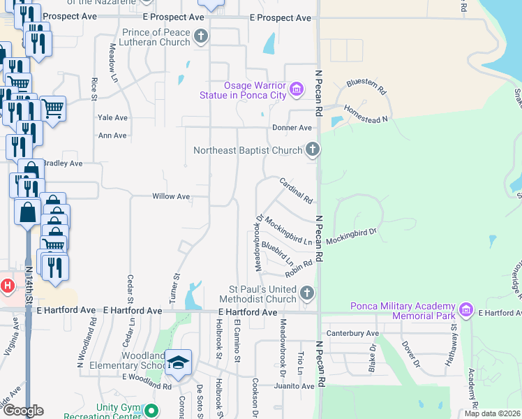 map of restaurants, bars, coffee shops, grocery stores, and more near 2201 Cardinal Rd in Ponca City