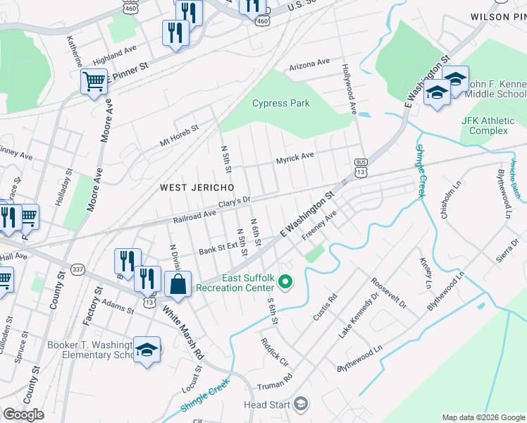 map of restaurants, bars, coffee shops, grocery stores, and more near 218 North 7th Street in Suffolk