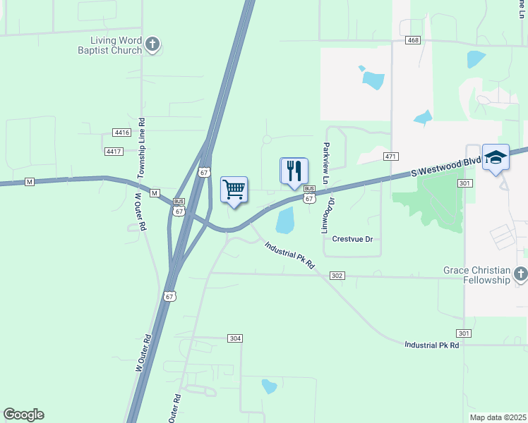 map of restaurants, bars, coffee shops, grocery stores, and more near 191 East Outer Road in Poplar Bluff