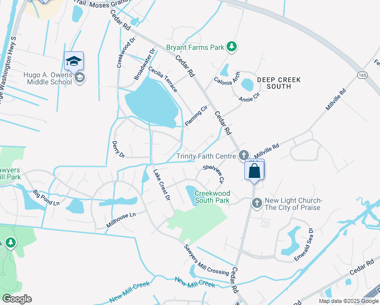 map of restaurants, bars, coffee shops, grocery stores, and more near 712 Creekwood Drive in Chesapeake