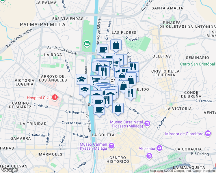 map of restaurants, bars, coffee shops, grocery stores, and more near 6 Calle Rueda in Málaga